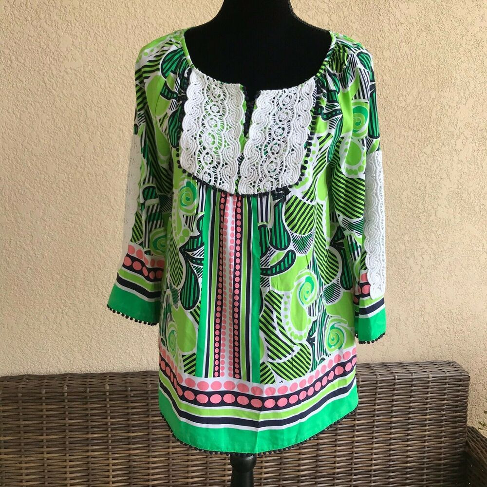 crown & ivy Womens Blouse Size Small Pink Navy Green White Lace Peasant Preppy - Picture 7 of 10